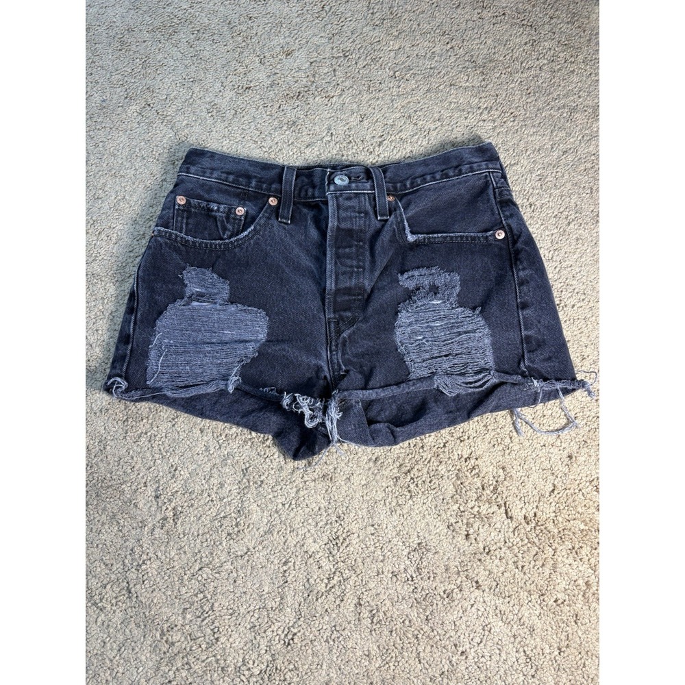 Levis 501 Cut off Shorts Women 27 Black Button Fly Distressed Hi-Rise Cowgirl
